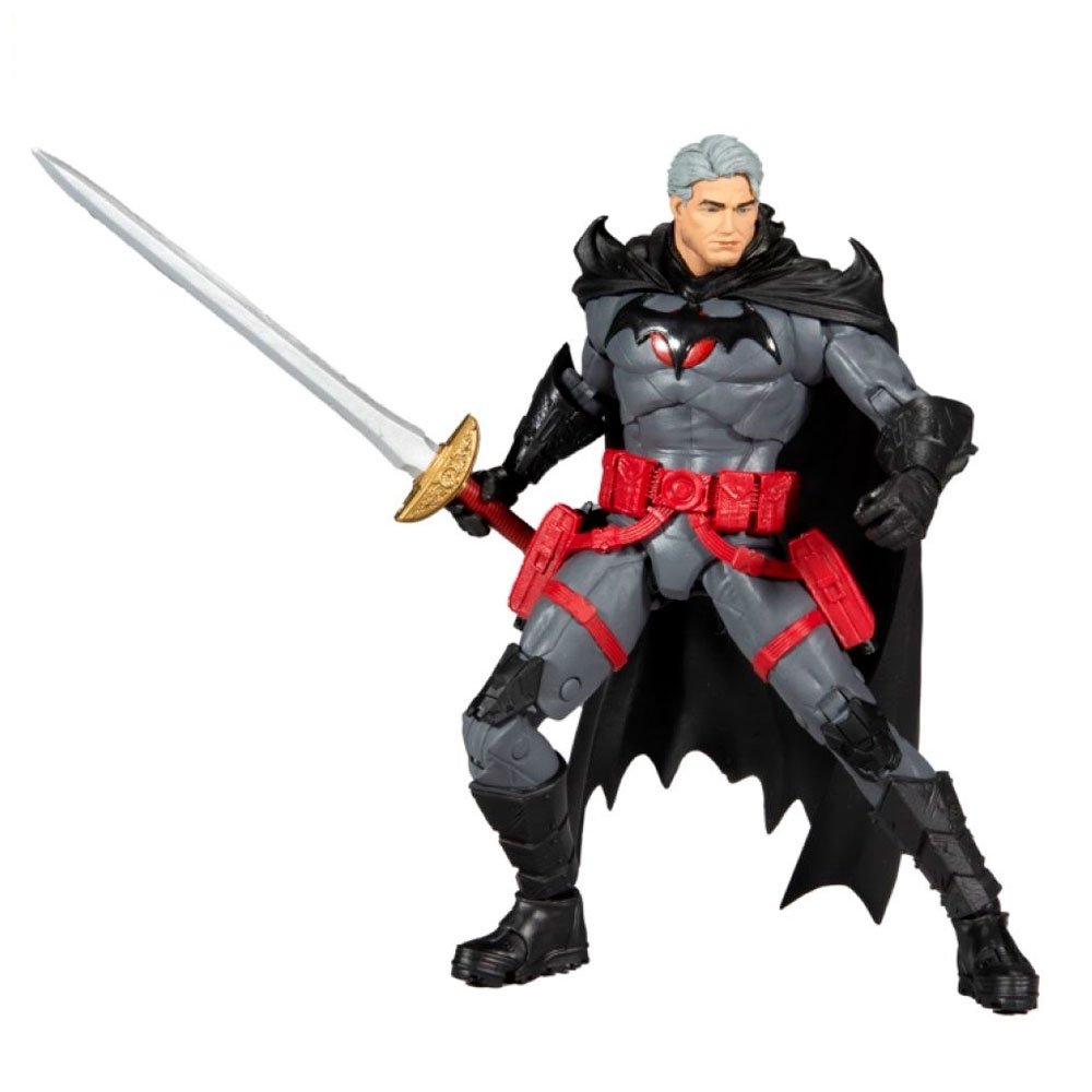 Figura Batman Flashpoint McFarlane con capa negra y espada larga en pose de combate Figura Batman Flashpoint McFarlane con capa negra y espada larga en pose de combate